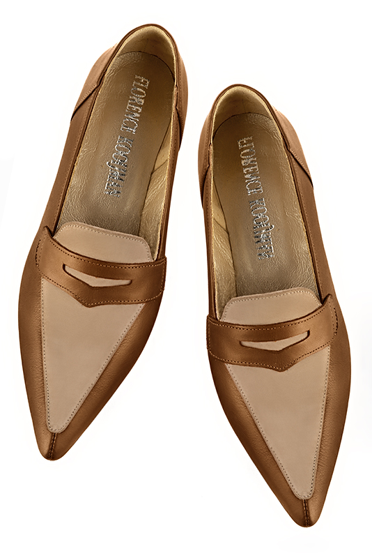 Caramel brown and tan beige essential loafers. Pointed toe. Flat